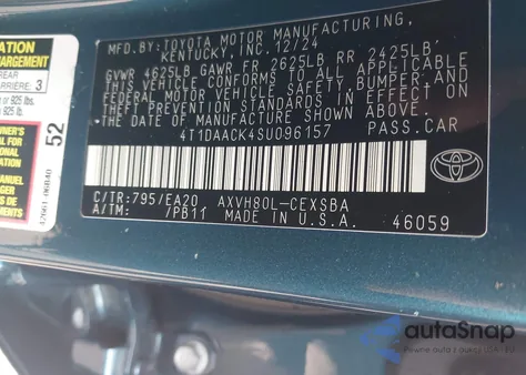 2025 Toyota Camry Se z USA, uszkodzony, nr VIN 4T1DAACK4SU096157